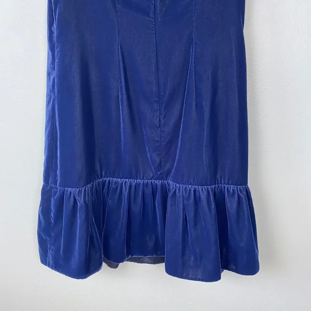 J. Crew Velvet Ruffle‎ Hem Dress Midnight Ink Blue Flounce Hem Cocktail Size 2